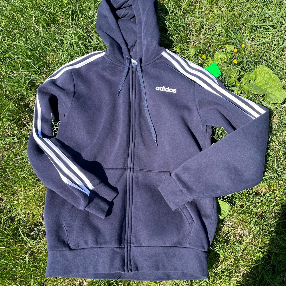 adidas Dark Blue Hooded Zip Sweatshirt with Drawcord